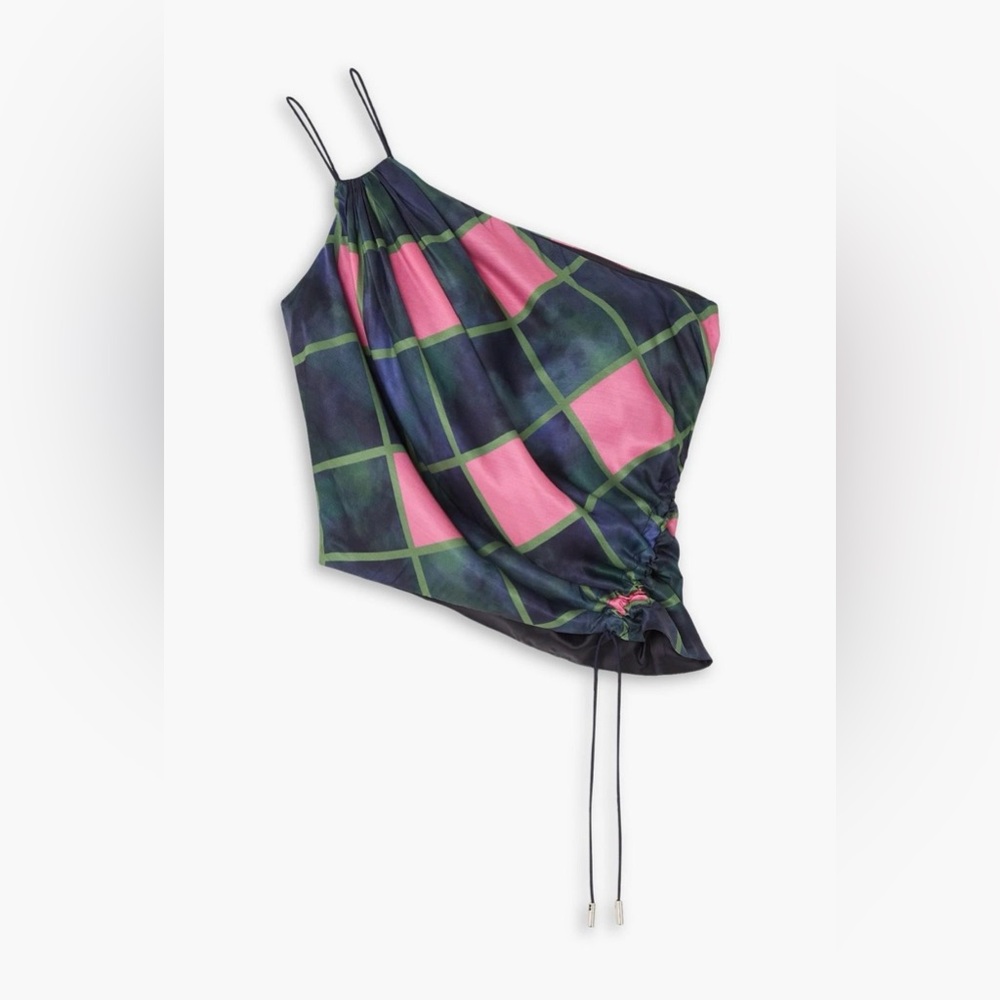Ahluwalia Patel One Shoulder Plaid Satin Top